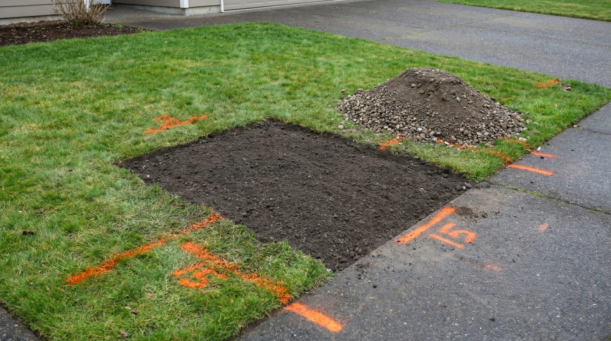 Completed and backfilled potholing site with utility locate markings on residential property - Prodan Construction