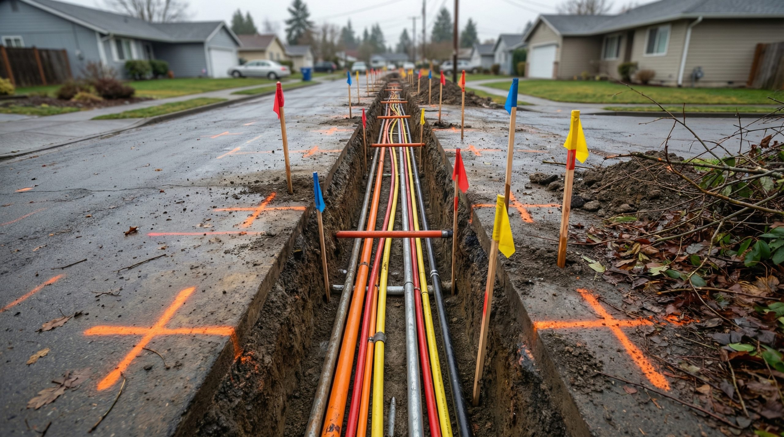 Utility daylighting trench exposing multiple underground utility lines with locate flags - Prodan Construction
