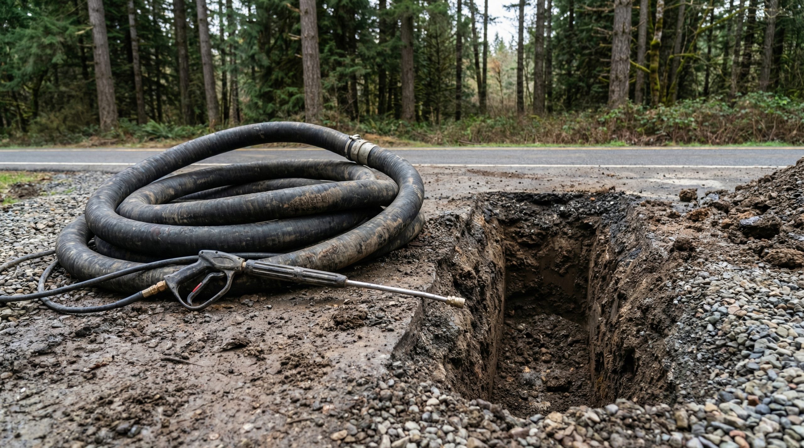 Vacuum excavation hose and equipment next to pothole on Oregon construction site - Prodan Construction